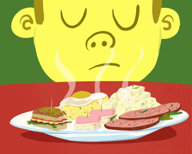 a cartoon illustration of a person looking at a plate of food