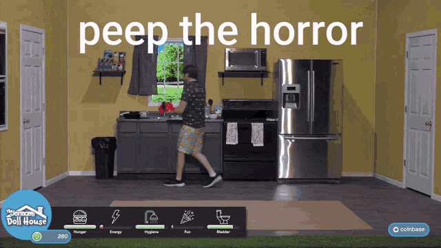 a man in a kitchen with the words peep the horror