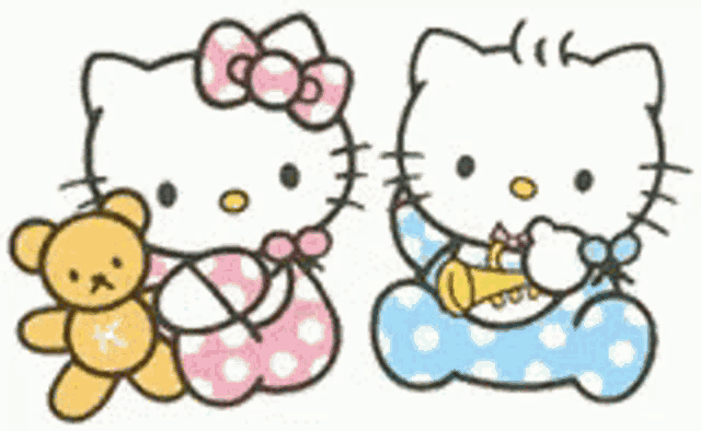 two hello kitty characters are sitting next to each other holding teddy bears and a trumpet .