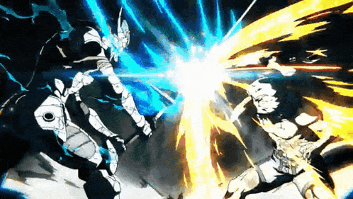 two anime characters are fighting each other with blue and yellow lightning