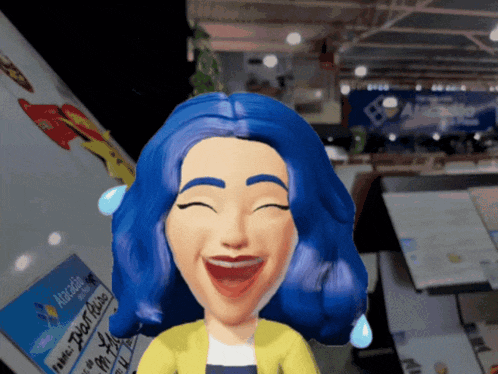 a cartoon character with blue hair is laughing in front of a domino 's sign
