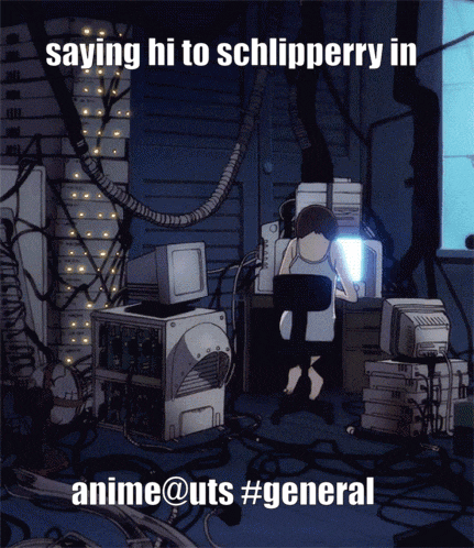a cartoon of a person sitting in front of a computer with the words saying hi to schlipperry in anime @ uts #general below