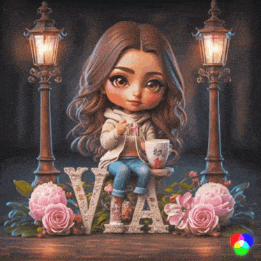 a girl is sitting on a bench with a cup of coffee and the word via in front of her
