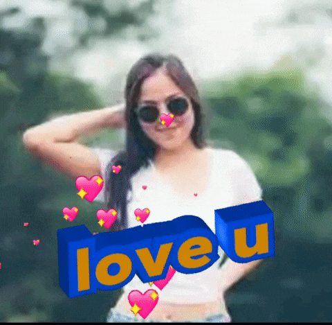a woman wearing sunglasses is surrounded by hearts and a blue sign that says love u