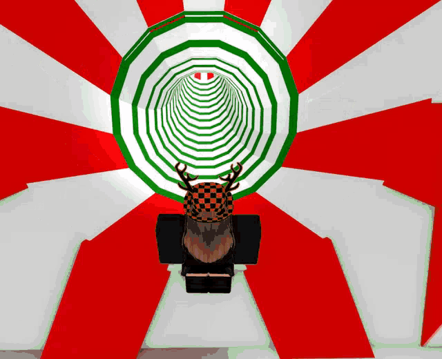 a girl with a deer head is standing in front of a green and white spiral