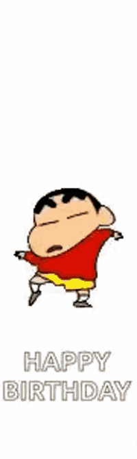 a cartoon character is dancing with the words `` happy birthday '' written below him .