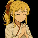 a girl with blonde hair and a ponytail is praying with her eyes closed