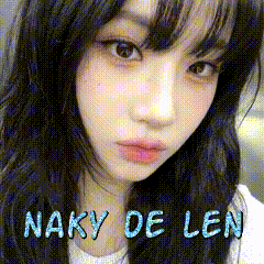 a close up of a woman 's face with the name naky de len written in blue