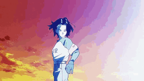 a cartoon character with the letter r on his shirt is standing in front of a colorful sky .