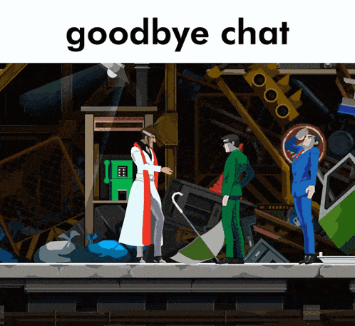 a goodbye chat sign with a video game scene on it
