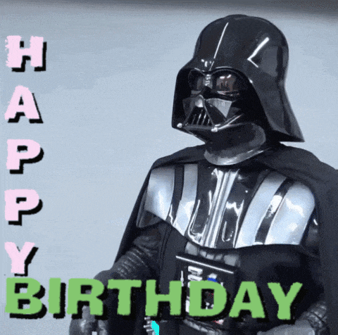 darth vader is wearing a helmet and cape with the words happy birthday written on it
