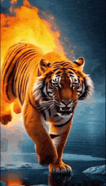 a tiger is walking through a body of water with flames coming out of its mouth .