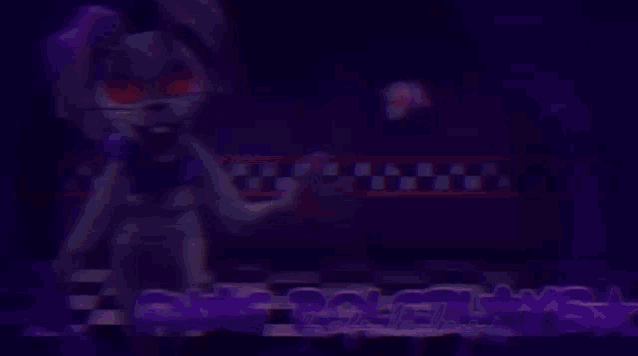 a rabbit with red eyes is standing in a dark room with the word freddy 's at the bottom