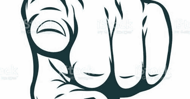 it is a black and white drawing of a fist pointing at the camera .