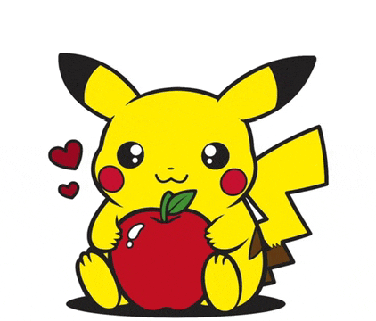 a pikachu is holding a red apple with hearts around it