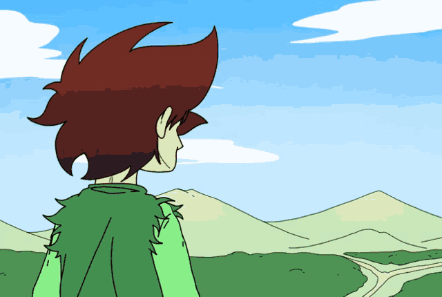 a cartoon of a boy looking at a mountain