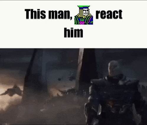 a man in a suit is standing in the middle of a battle with the words this man react him on the bottom