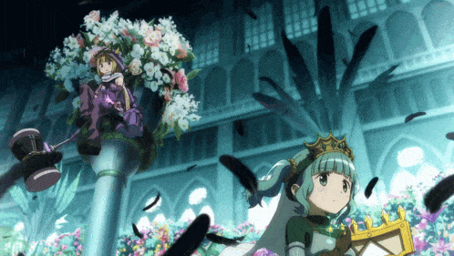 a girl with a crown on her head is standing in front of a building with flowers