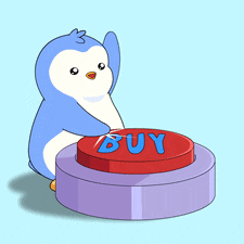 a blue and white penguin is pressing a red buy button