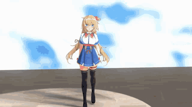 a girl in a blue and white dress is walking on a stage