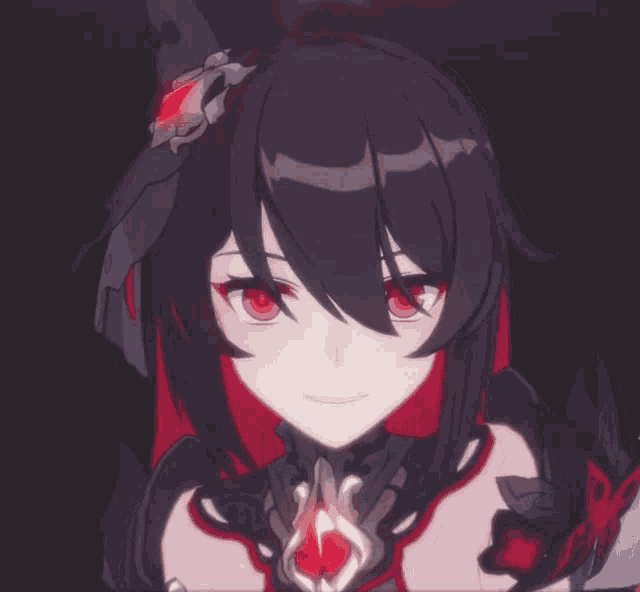 a close up of a anime character with red eyes