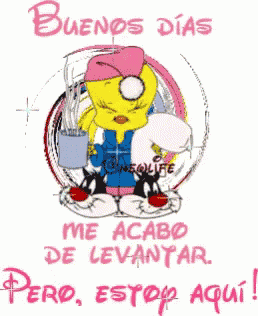 a cartoon of tweety holding a cup of coffee says buenos dias me acaba de levantar pero estop aqui