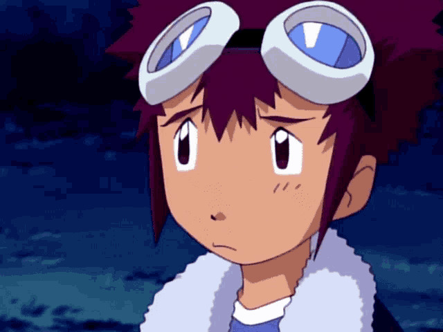 a cartoon character with goggles on his head