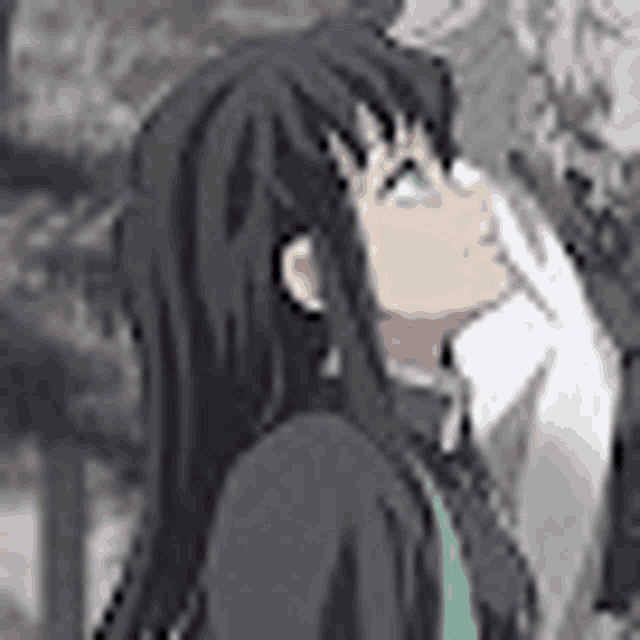 a black and white drawing of a girl with long hair looking up at the sky .