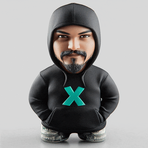a man wearing a black hoodie with a green x on the front