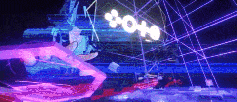 a cartoon character is surrounded by purple and blue lights and the word soho is visible
