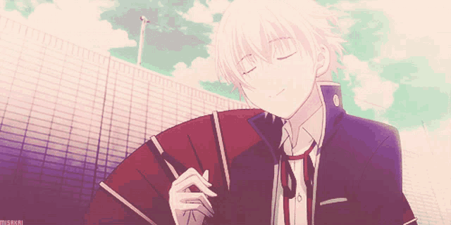 a boy with white hair is holding a red fan in front of a building
