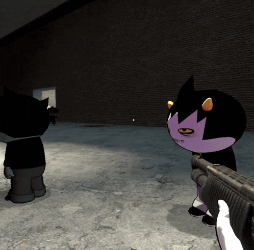 a purple cat with horns is holding a gun next to a black cat