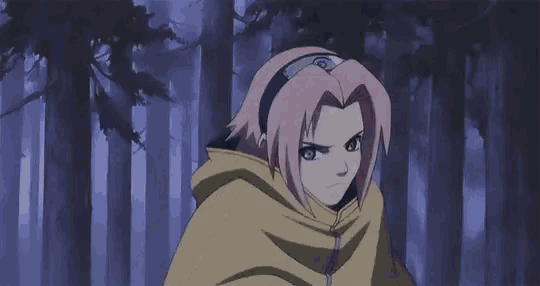 a girl with pink hair and a yellow cape is flying through the air in a forest .