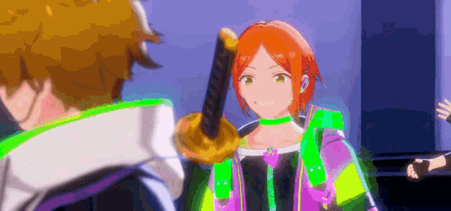 a girl in a colorful outfit is holding a sword