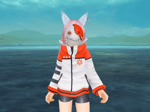 a girl with a mask on her head is wearing a red and white jacket