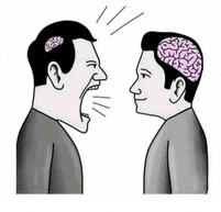 a cartoon of two men with brains on their heads talking to each other .