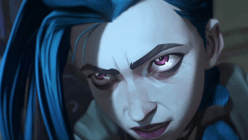 a close up of a cartoon character with blue hair and purple eyes