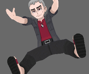 a man in a red shirt and black pants is falling down