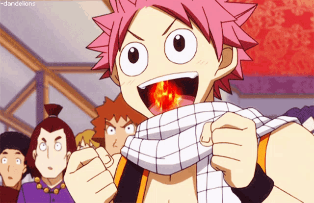 a cartoon character with pink hair and a scarf around his neck has a flame in his mouth