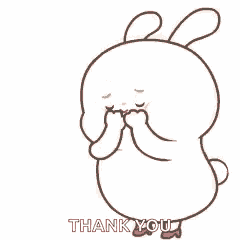 a cartoon rabbit is saying thank you with a heart behind it .