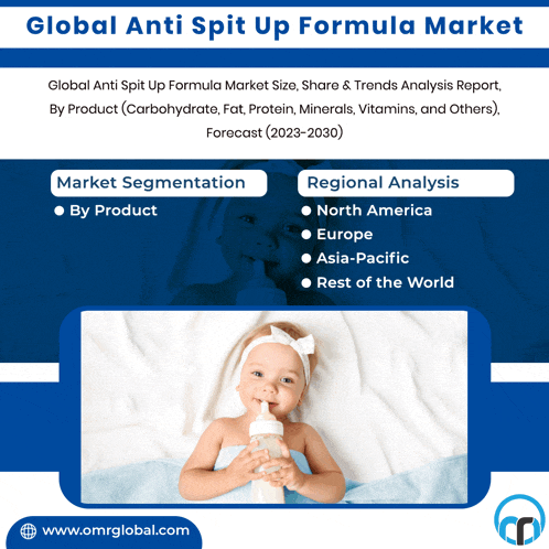 a baby laying on a bed holding a bottle with the words global anti spit up formula market