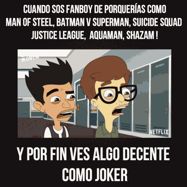 a cartoon of two guys talking with the words cuando sos fanboy de porquerias como man of steel