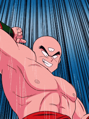 a cartoon of a bald man with three eyes and a red belt