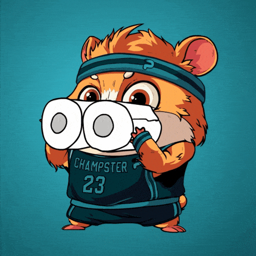 a hamster wearing a champster 23 jersey holds a roll of toilet paper in its mouth