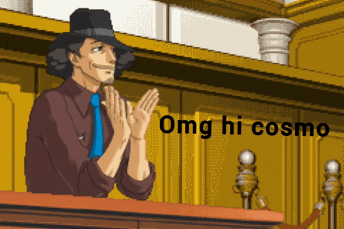 a pixel art drawing of a man clapping with the words omg hi cosmo above him