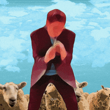a painting of a man standing in front of sheep