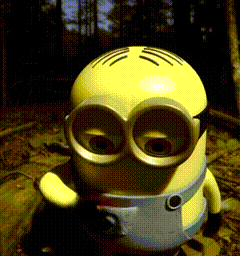 a yellow minion with big eyes is sitting on the ground in the woods