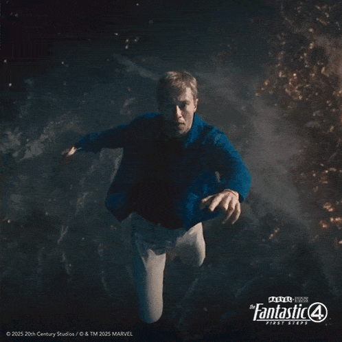 a poster for the fantastic four first steps shows a man in a blue shirt
