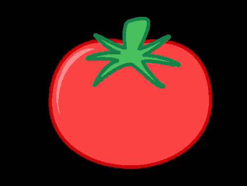 a cartoon tomato with a green stem and leaves on a black background