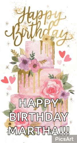 a birthday card for martha with a pink cake and flowers